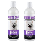 Two Jeffers Pet White Coat whitening shampoo bottles with dog face labels