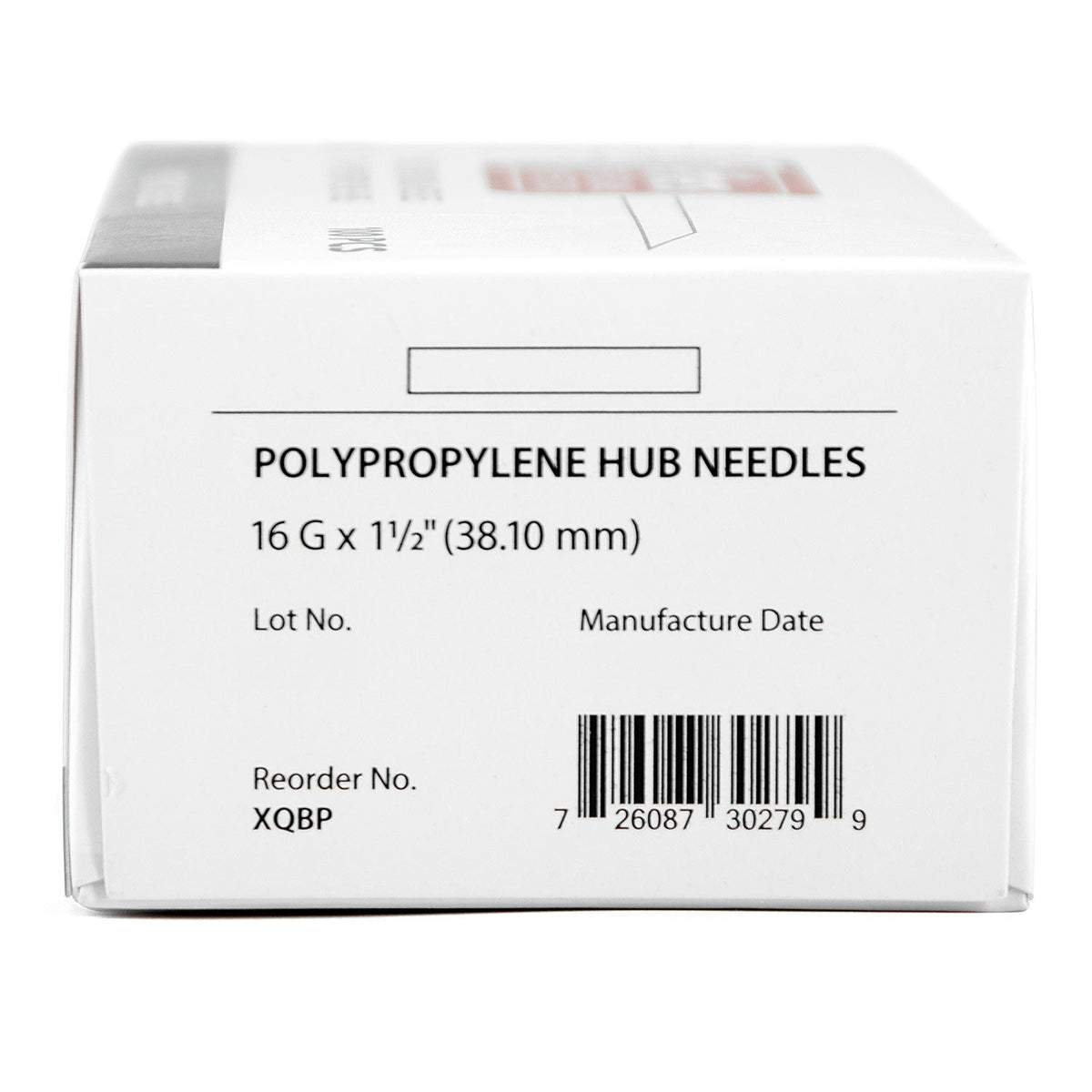 Polypropylene hub needle box, 16G x 1 1/2 in (38.10 mm), lot and barcode