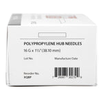 Polypropylene hub needle box, 16G x 1 1/2 in (38.10 mm), lot and barcode