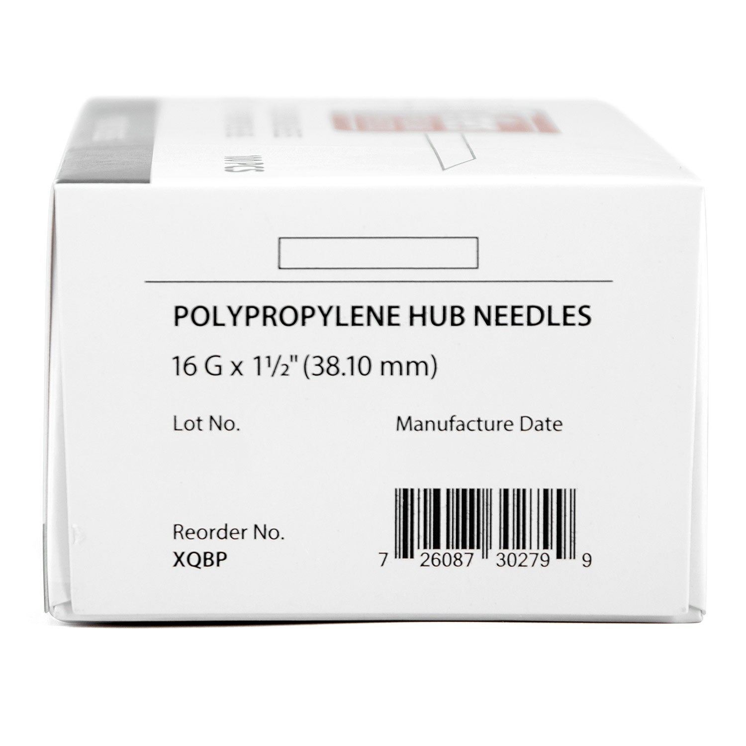 Polypropylene hub needle box, 16G x 1 1/2 in (38.10 mm), lot and barcode