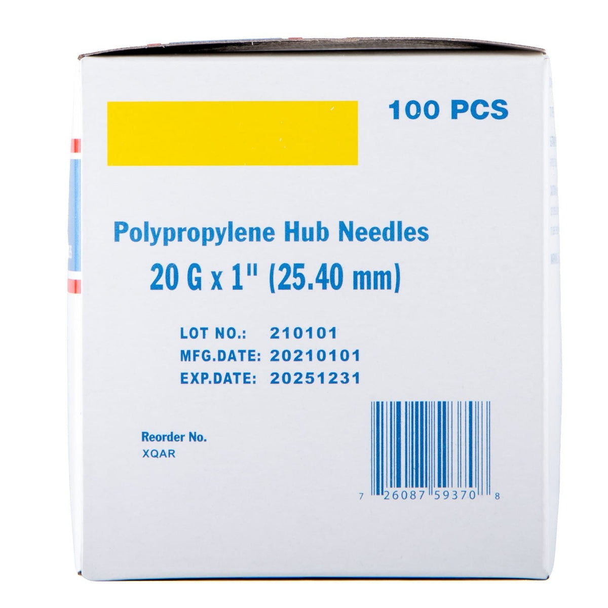 Polypropylene hub needles, 20G x 1 in, 100 pcs, box