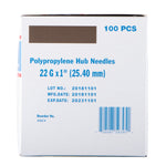 Polypropylene hub needles, 22G x 1 in, 100 pcs, box