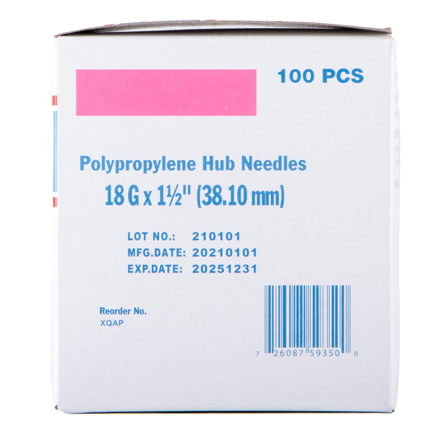 Polypropylene hub needles, 18G x 1 1/2 in, 100 pcs, box