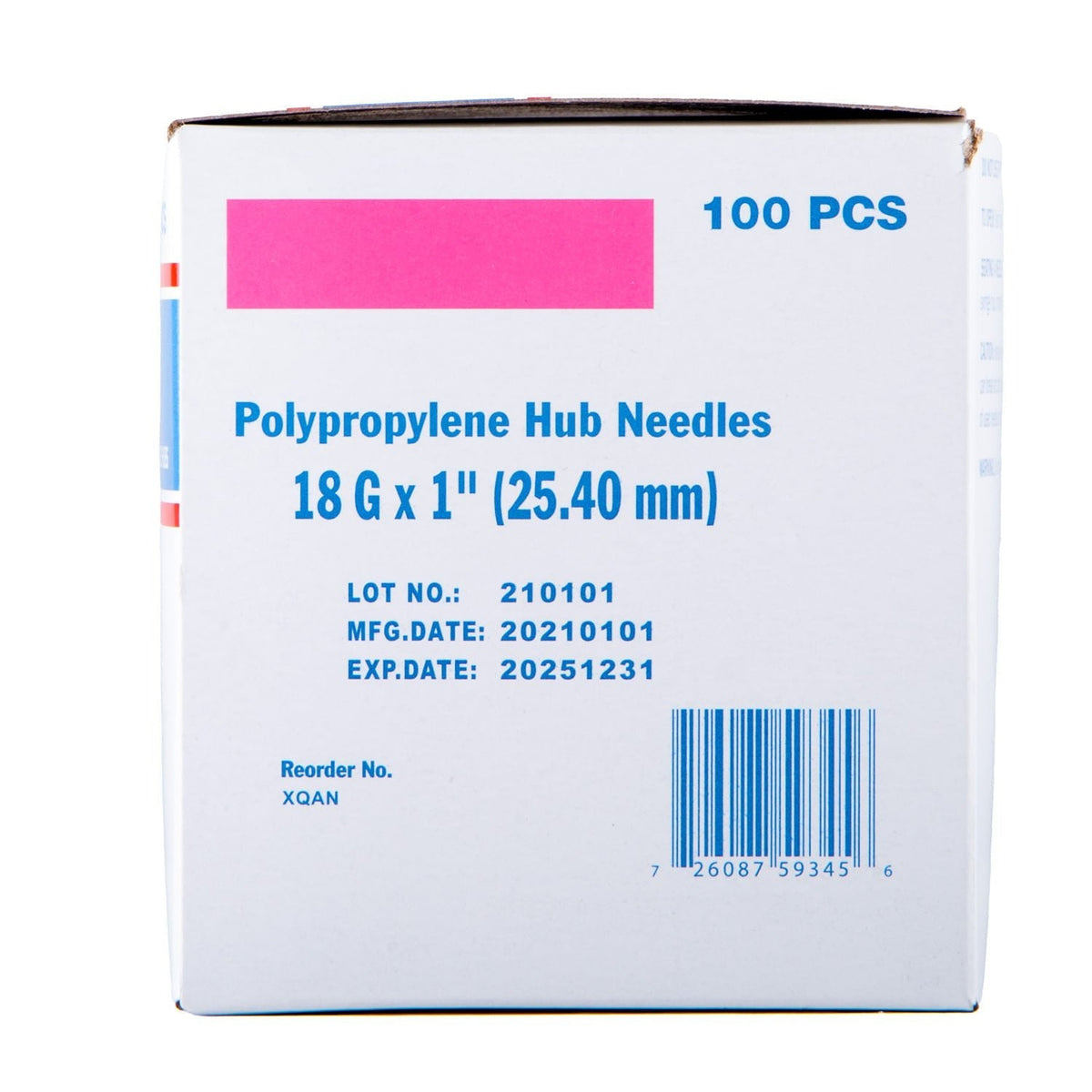 Polypropylene hub needles, 18G x 1 in, 100 pcs, box