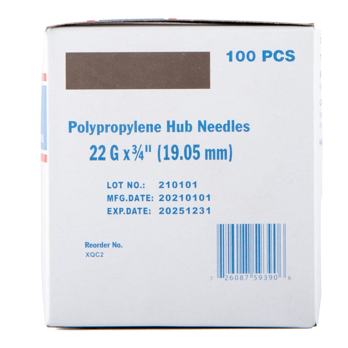 Polypropylene hub needles, 22G x 3/4 in, 100 pcs, box