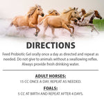 Horses running with “DIRECTIONS” text for probiotic gel use