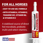 Probiotic oral gel syringe with vitamins label on the front, red and white