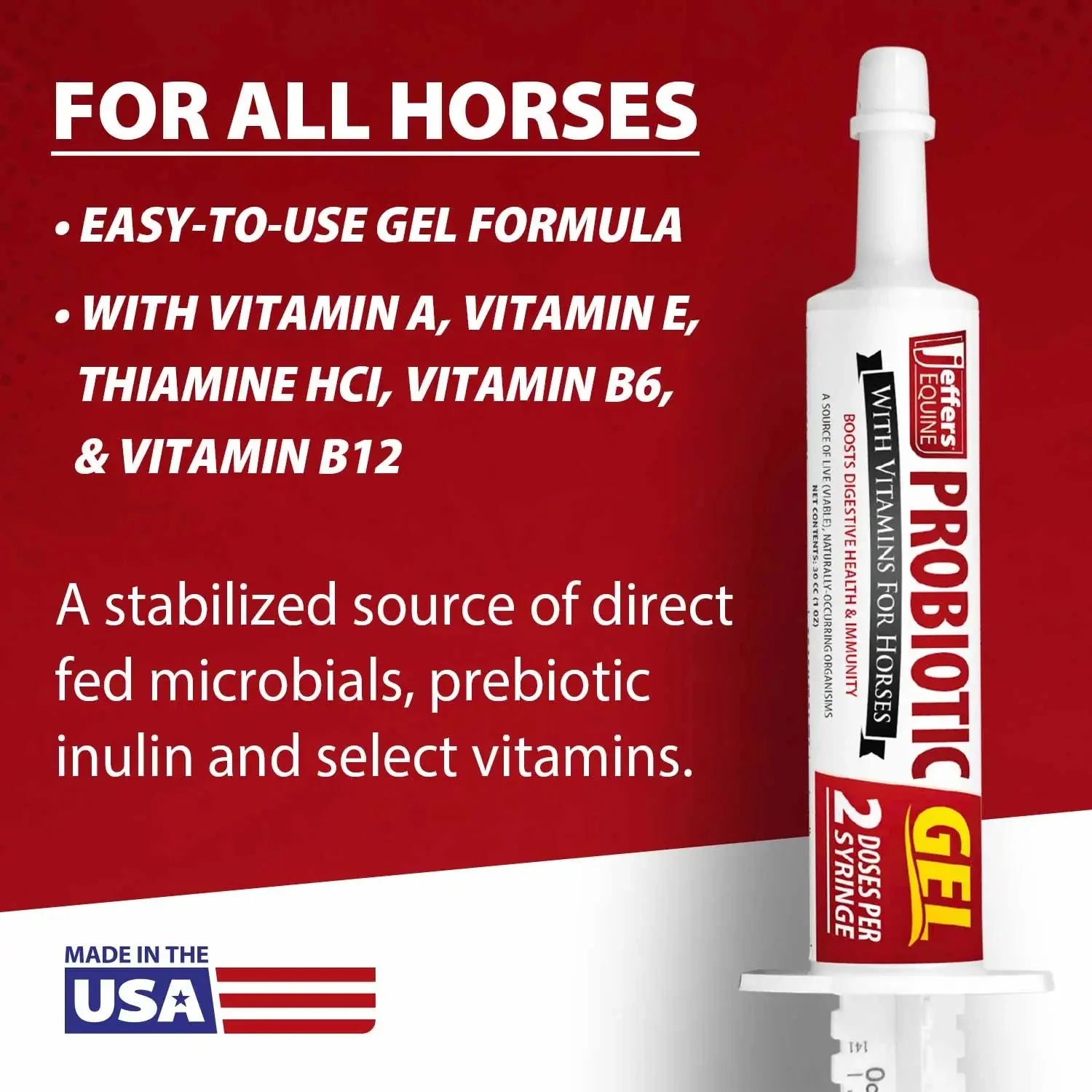 Probiotic oral gel syringe with vitamins label on the front, red and white