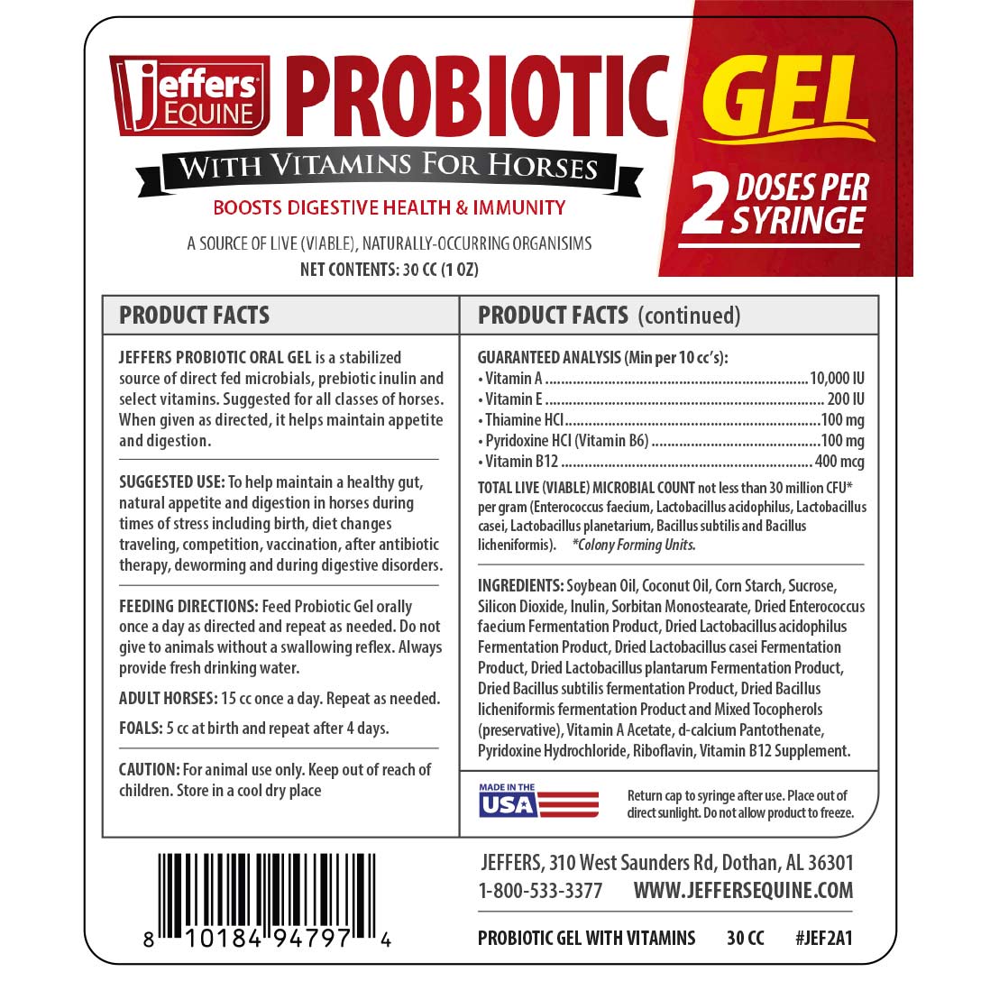 Probiotic gel with vitamins product facts label, Jeffers Equine package back