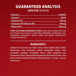 Guaranteed analysis panel for probiotic gel, red ingredients and vitamin list