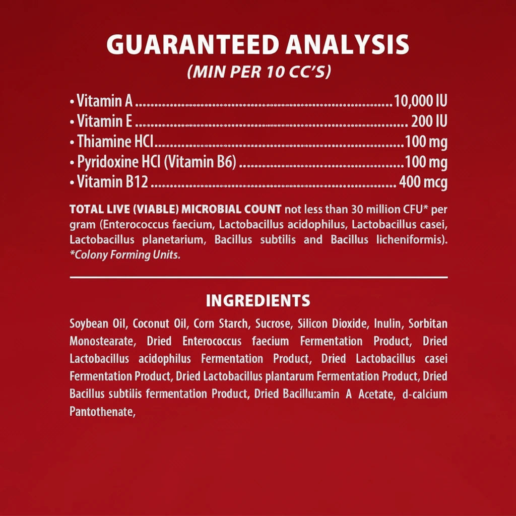 Guaranteed analysis panel for probiotic gel, red ingredients and vitamin list