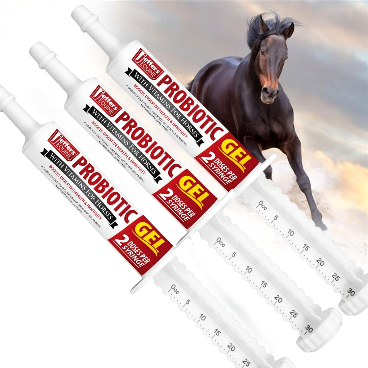 Three probiotic oral gel syringes for horses with red Jeffers Equine labels