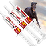 Three probiotic oral gel syringes for horses with red Jeffers Equine labels