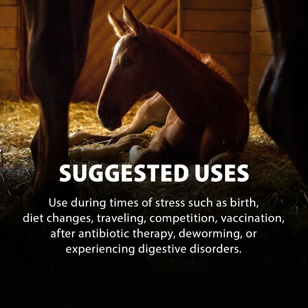 Horse on a dark scene with large “SUGGESTED USES” text for probiotic gel
