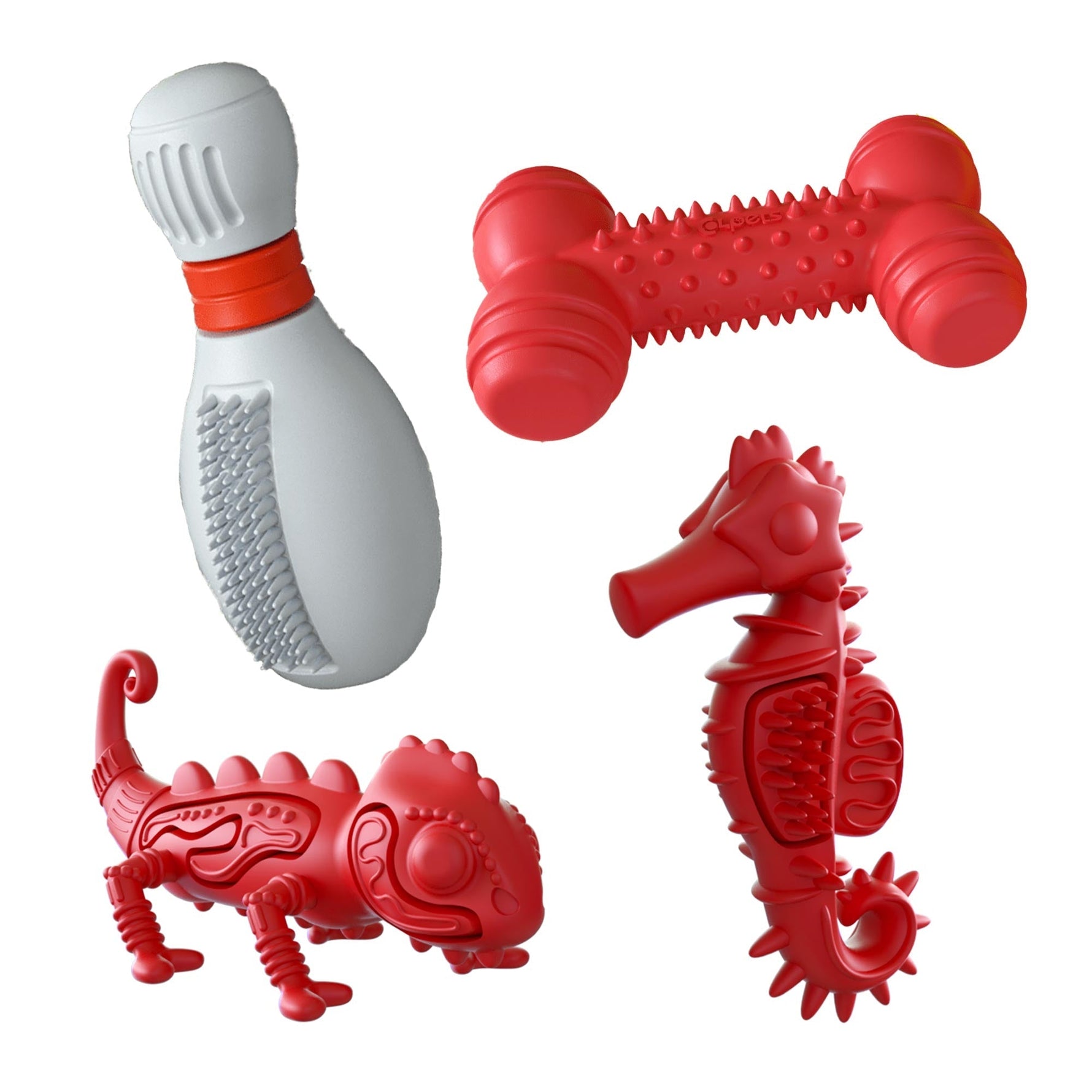 Small dental dog chew toy set, red and gray textured shapes, 4 pieces