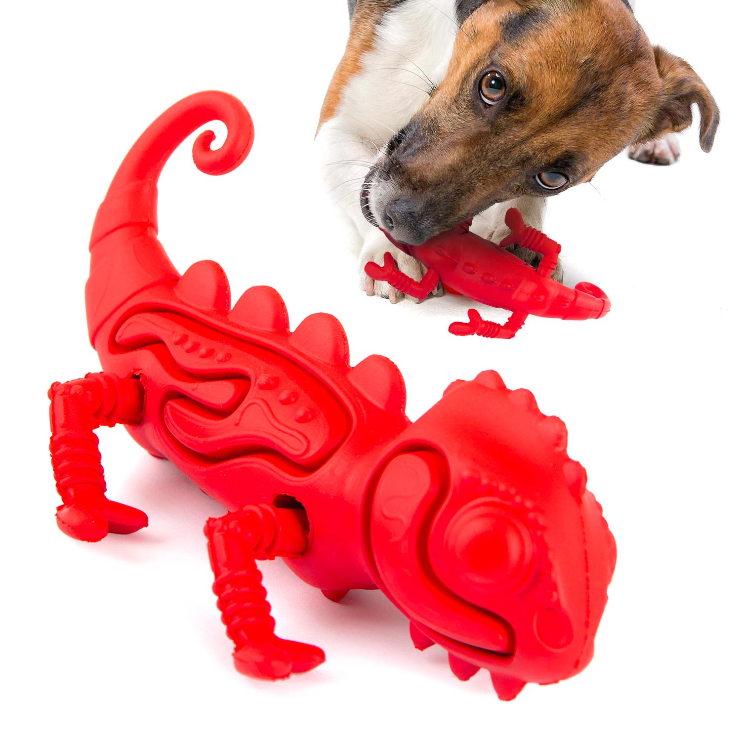 Red chameleon-shaped natural rubber dog chew toy with textured ridges and tail