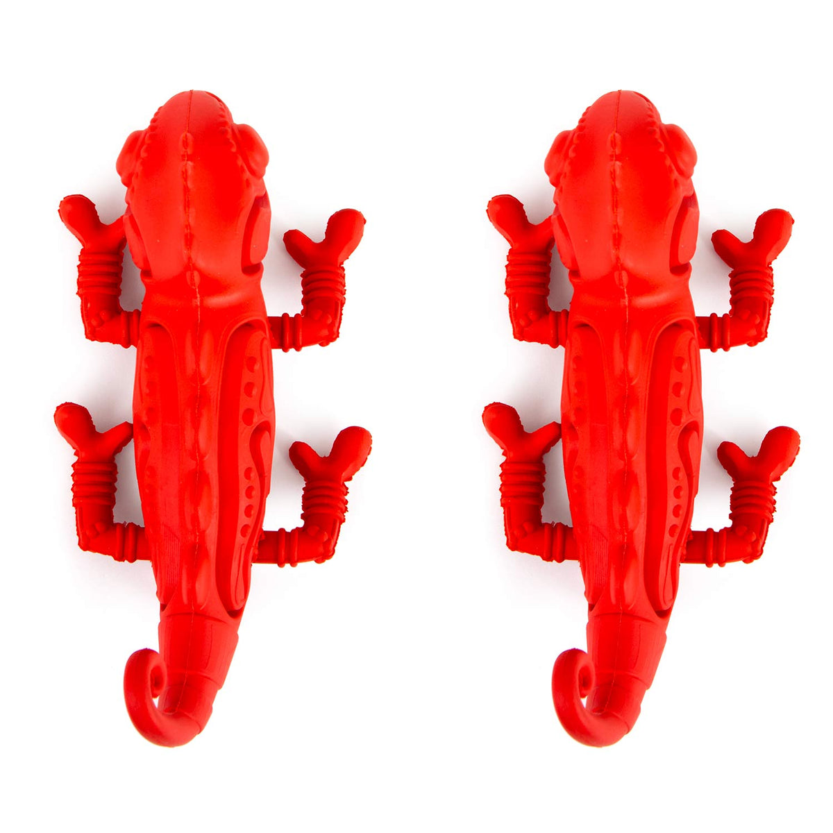Red rubber chameleon-shaped dental dog chew toy with textured ridges and legs