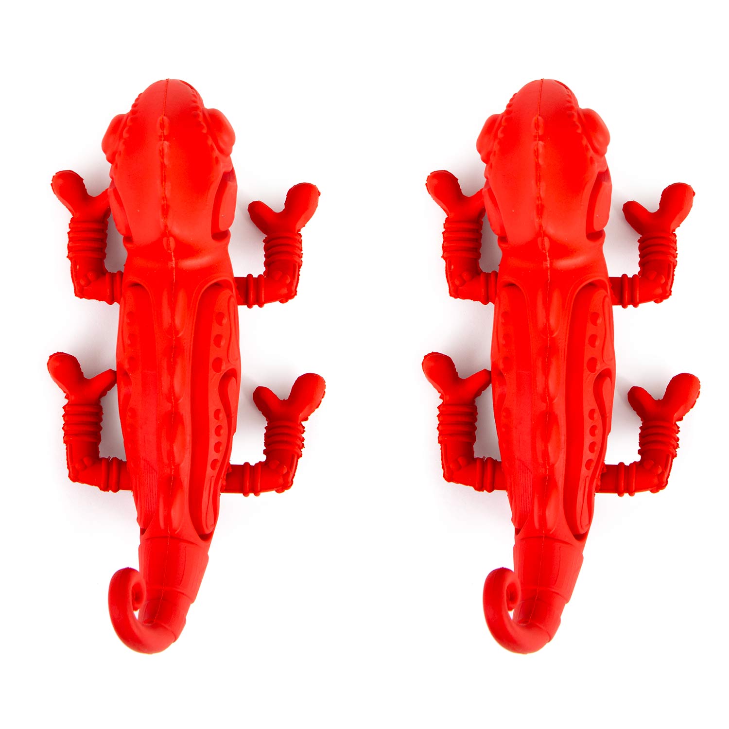Red rubber chameleon-shaped dental dog chew toy with textured ridges and legs