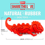 Red chameleon natural rubber dog toy with curled tail and raised cleaning bumps
