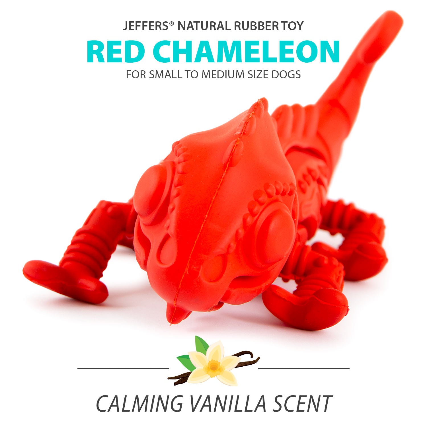 Red chameleon natural rubber dog chew toy, ridged body and curled tail