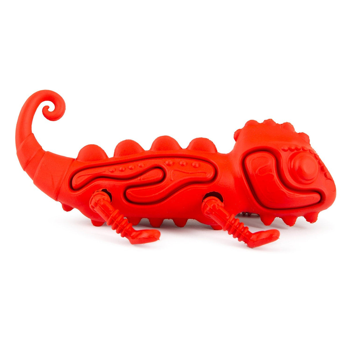 Red chameleon natural rubber dog chew toy, sculpted head and curled tail
