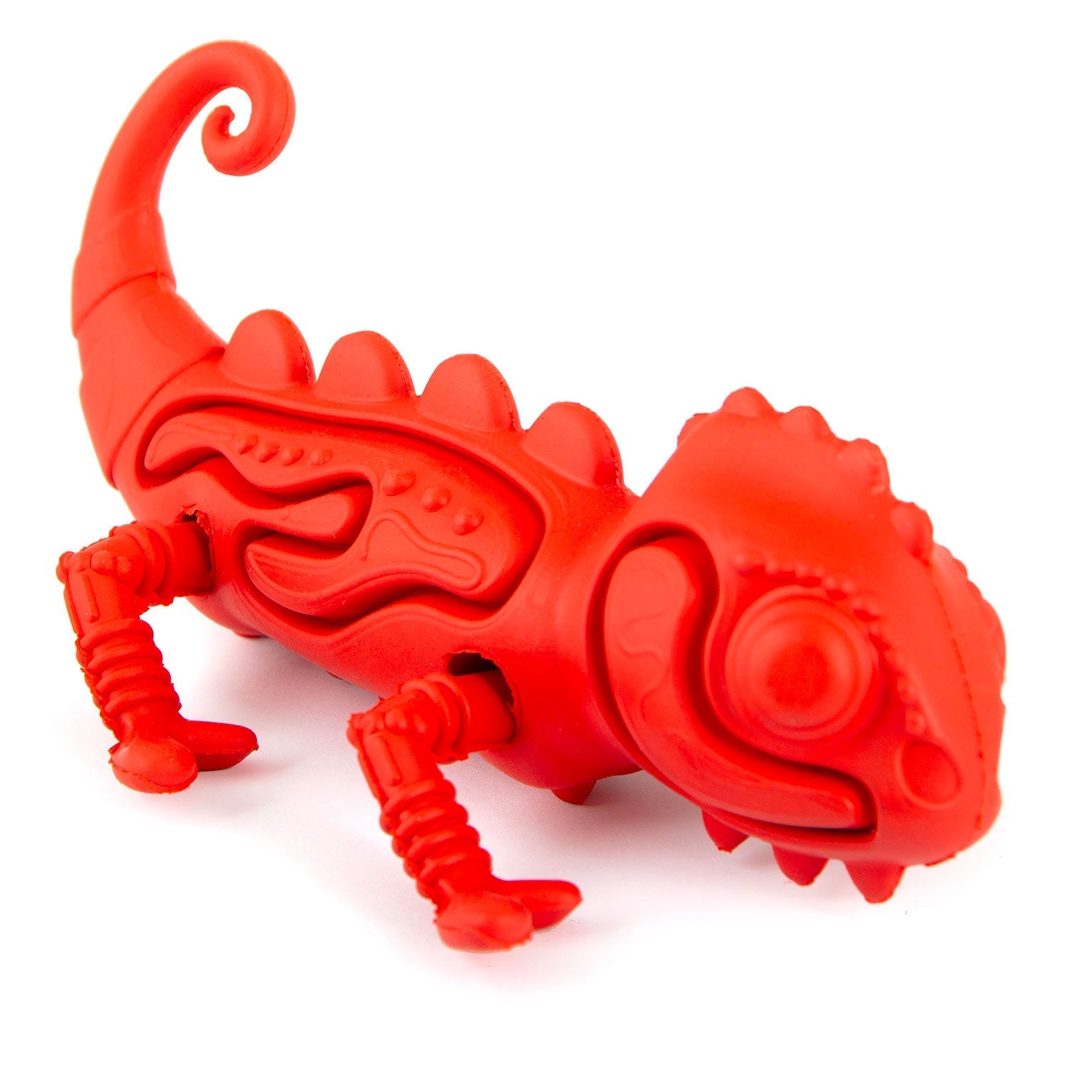 Red chameleon natural rubber dog chew toy, textured ridges and four raised feet