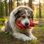 Red natural rubber dental dog chew toy, chameleon-shaped ring