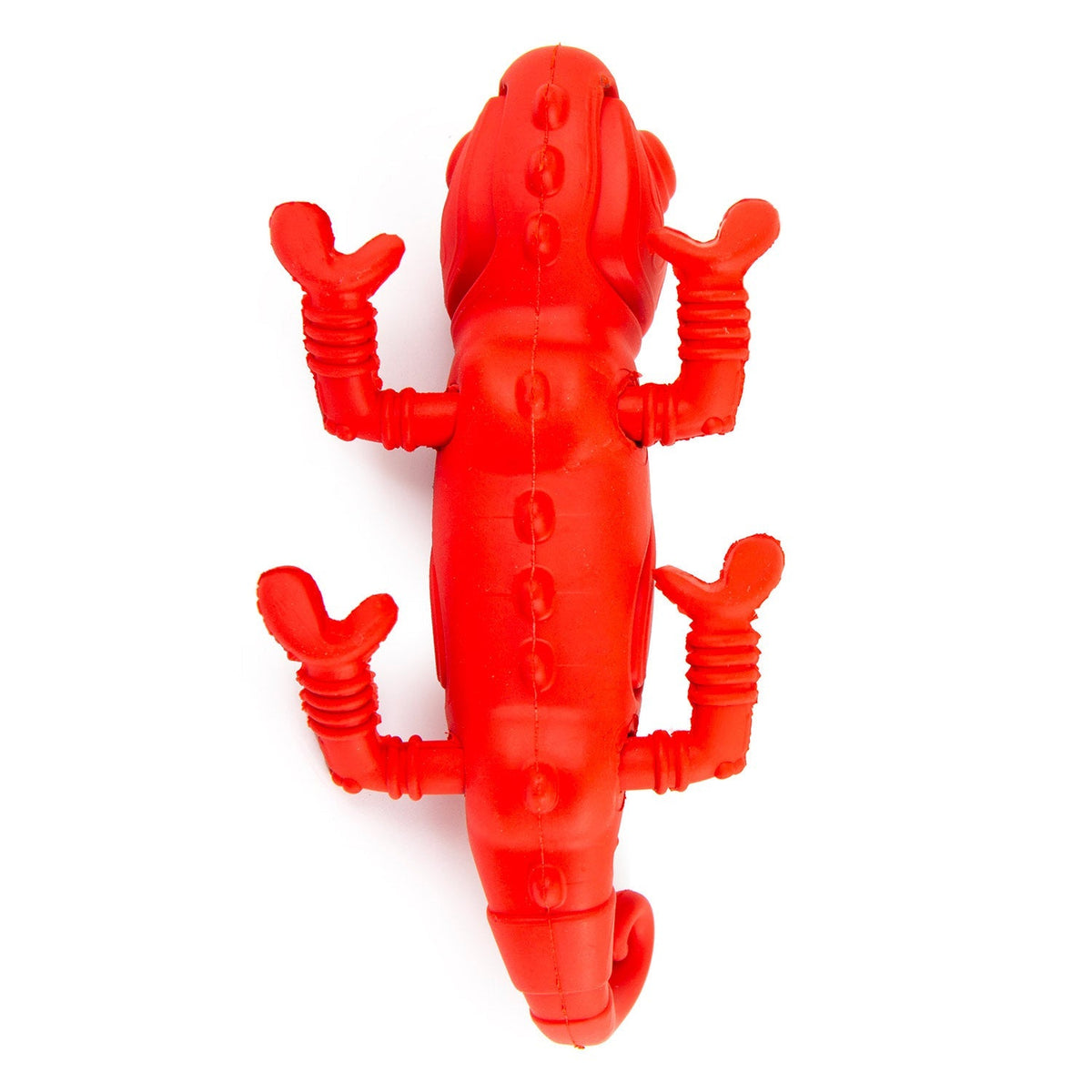 Red chameleon natural rubber dog chew toy, upright stance with textured legs