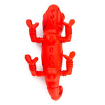 Red chameleon natural rubber dog chew toy, upright stance with textured legs