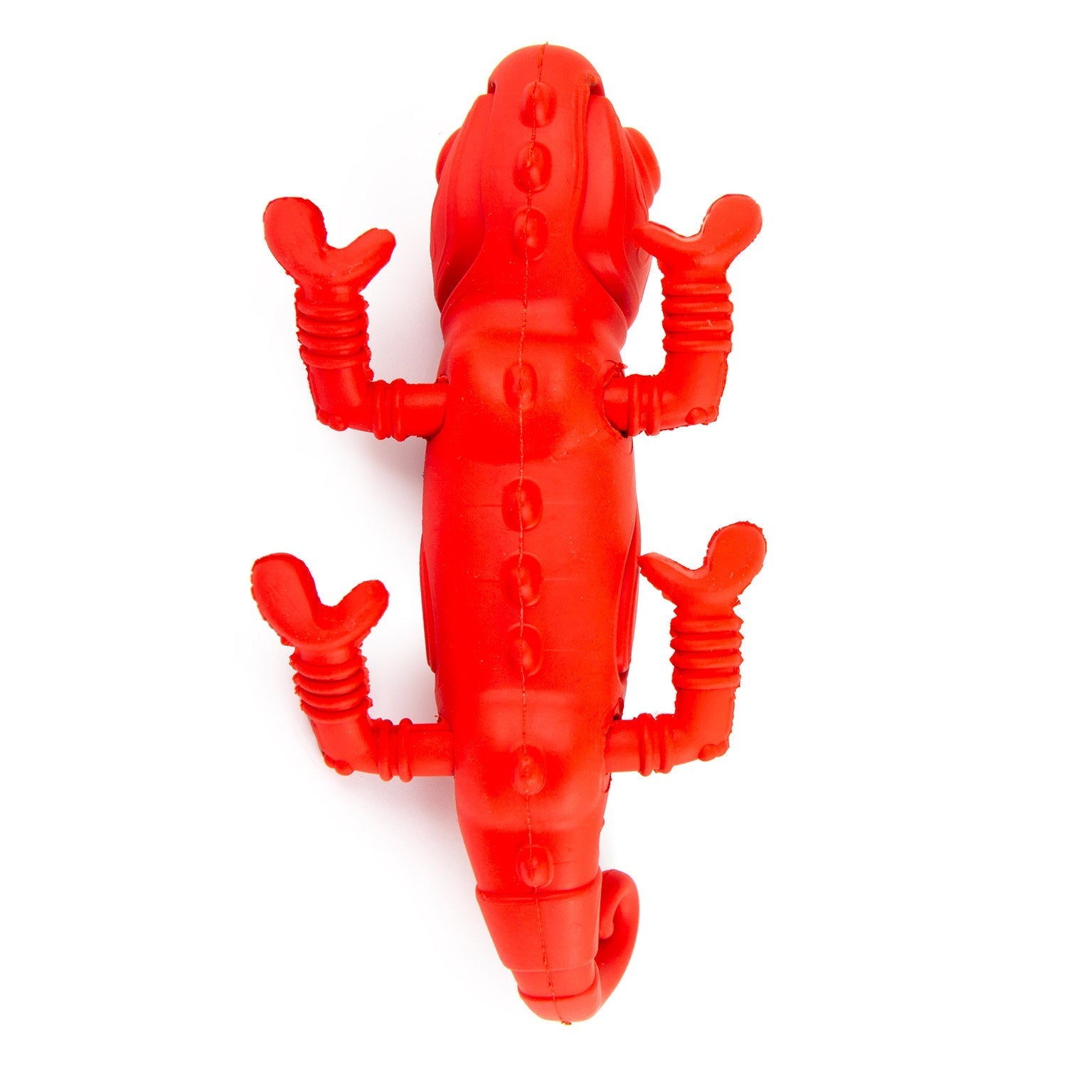 Red chameleon natural rubber dog chew toy, upright stance with textured legs