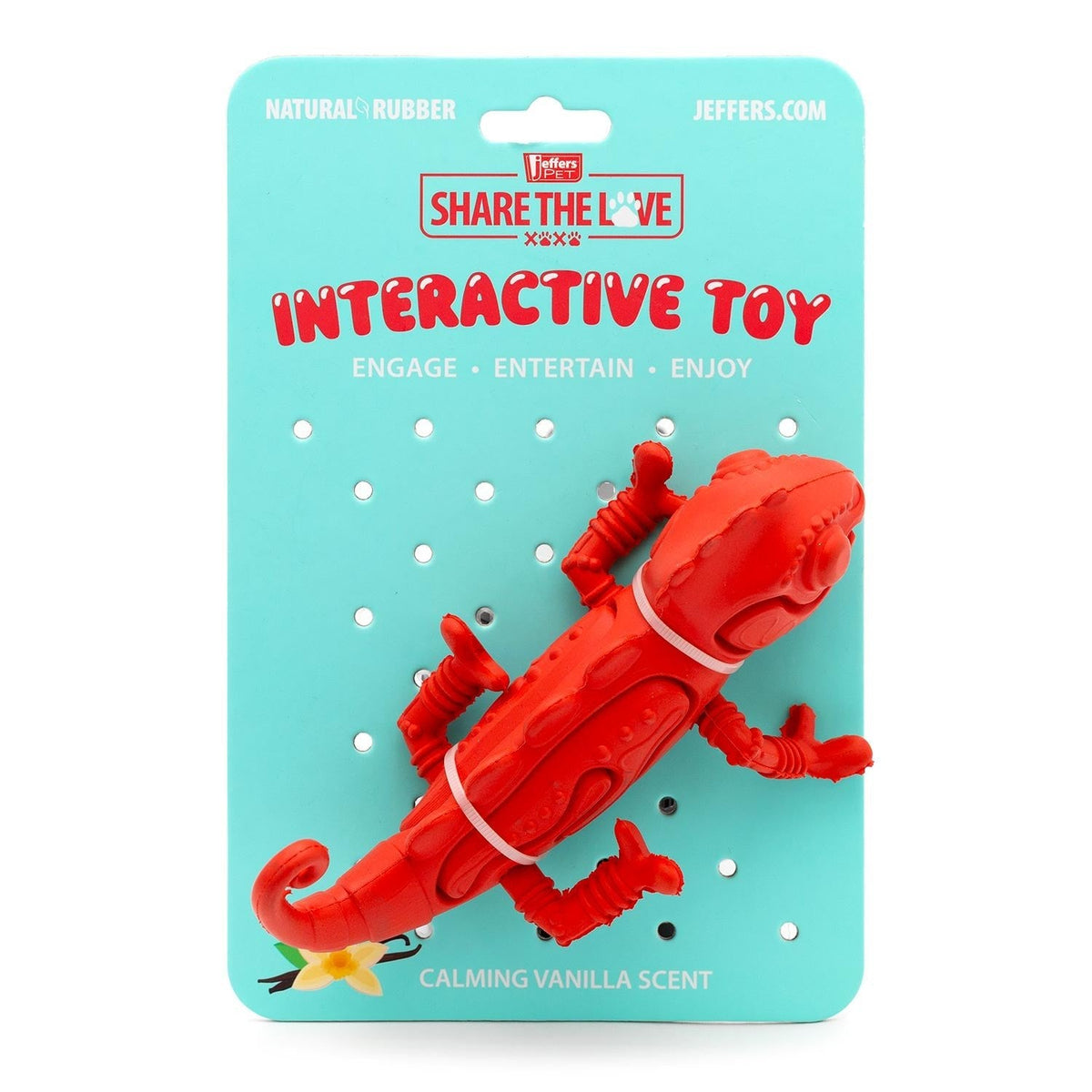 Red chameleon natural rubber interactive dog toy on package with vanilla scent