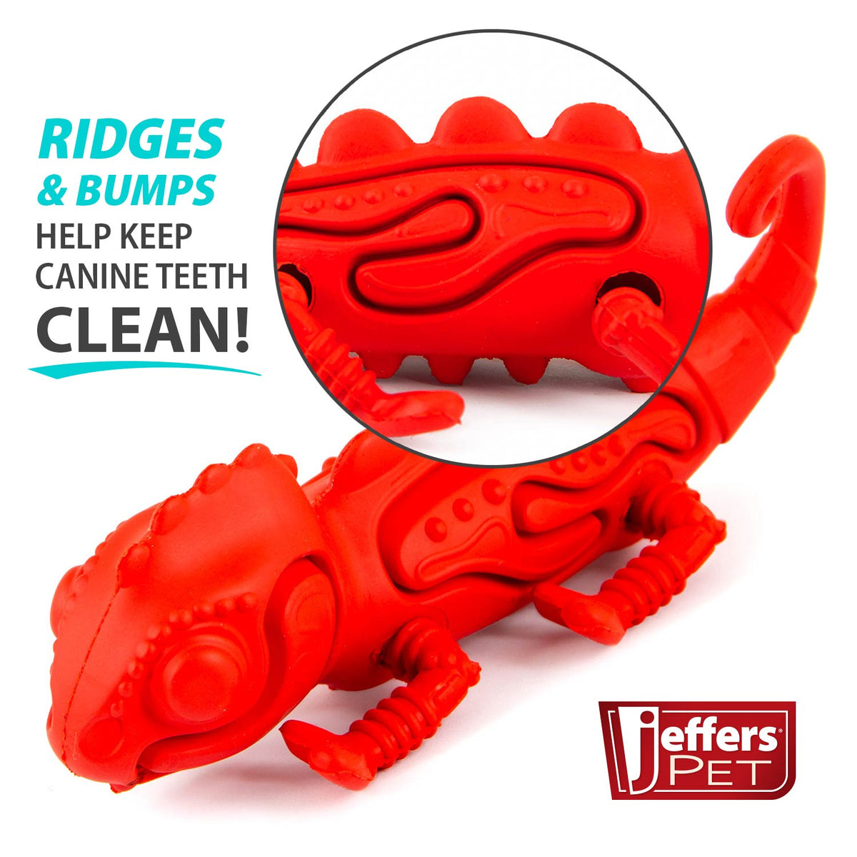 Textured bumps on red chameleon natural rubber dog chew toy for cleaning teeth