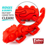 Textured bumps on red chameleon natural rubber dog chew toy for cleaning teeth