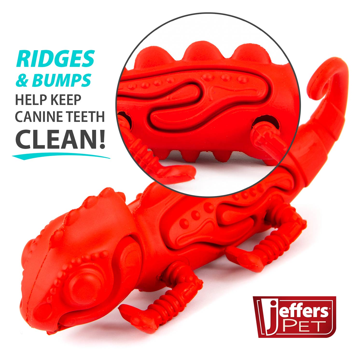Textured bumps on red chameleon natural rubber dog chew toy for cleaning teeth