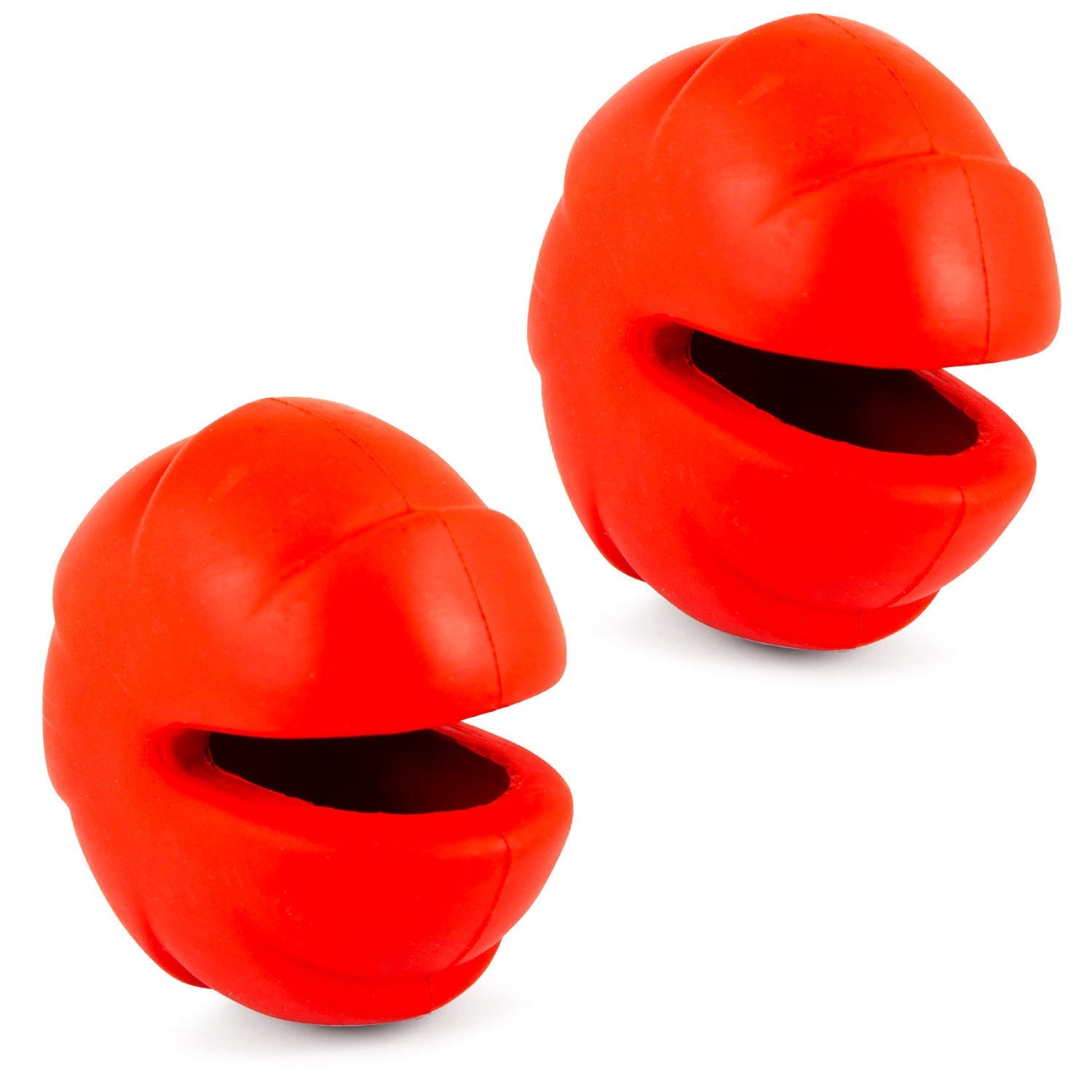 Red rubber treat-dispensing dog chew toy with oval mouth opening