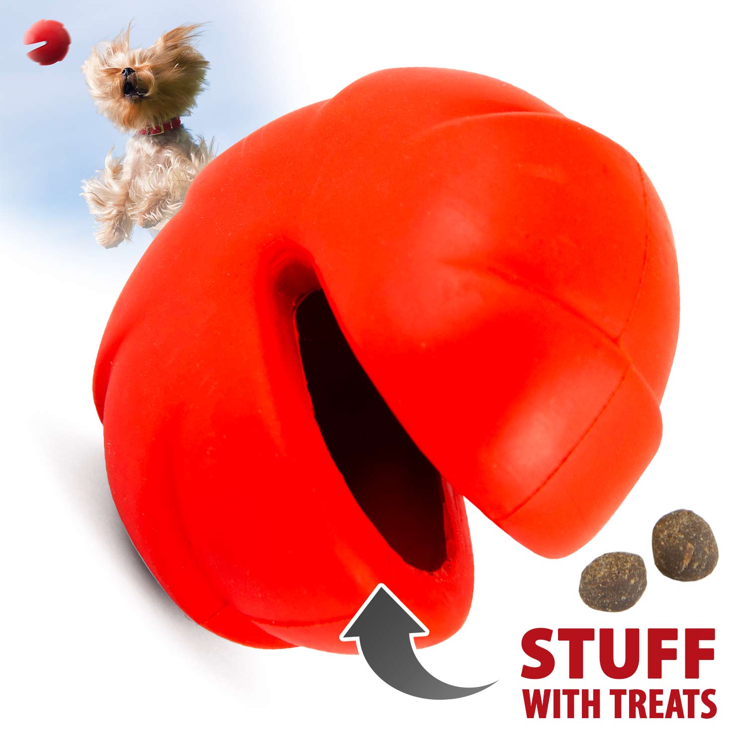 Red treat-dispensing dog chew toy with large oval mouth opening