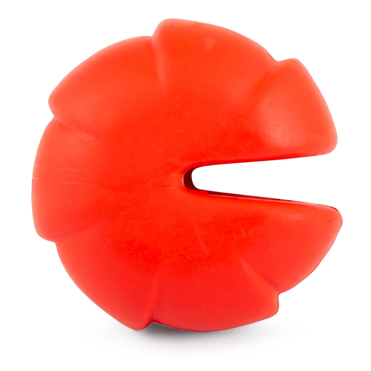 Red treat-dispensing dog chew toy with side slot opening