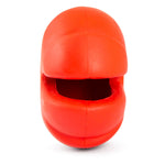 Red treat-dispensing chew toy with dark oval inner opening