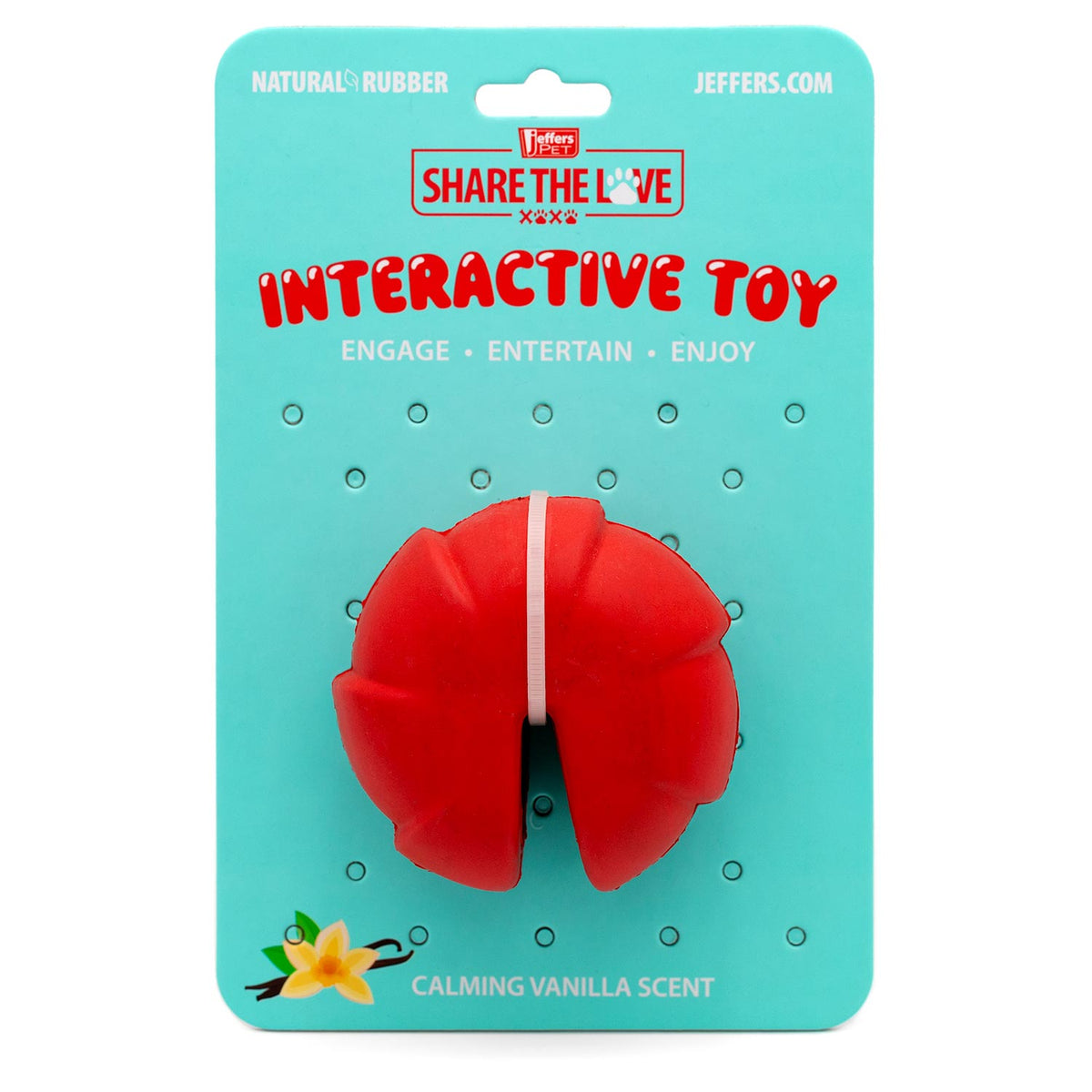 Red natural rubber interactive dog toy package showing split center slot