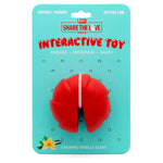 Red natural rubber interactive dog toy package showing split center slot