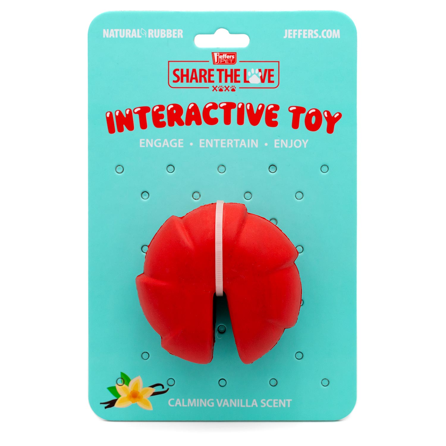 Red natural rubber interactive dog toy package showing split center slot