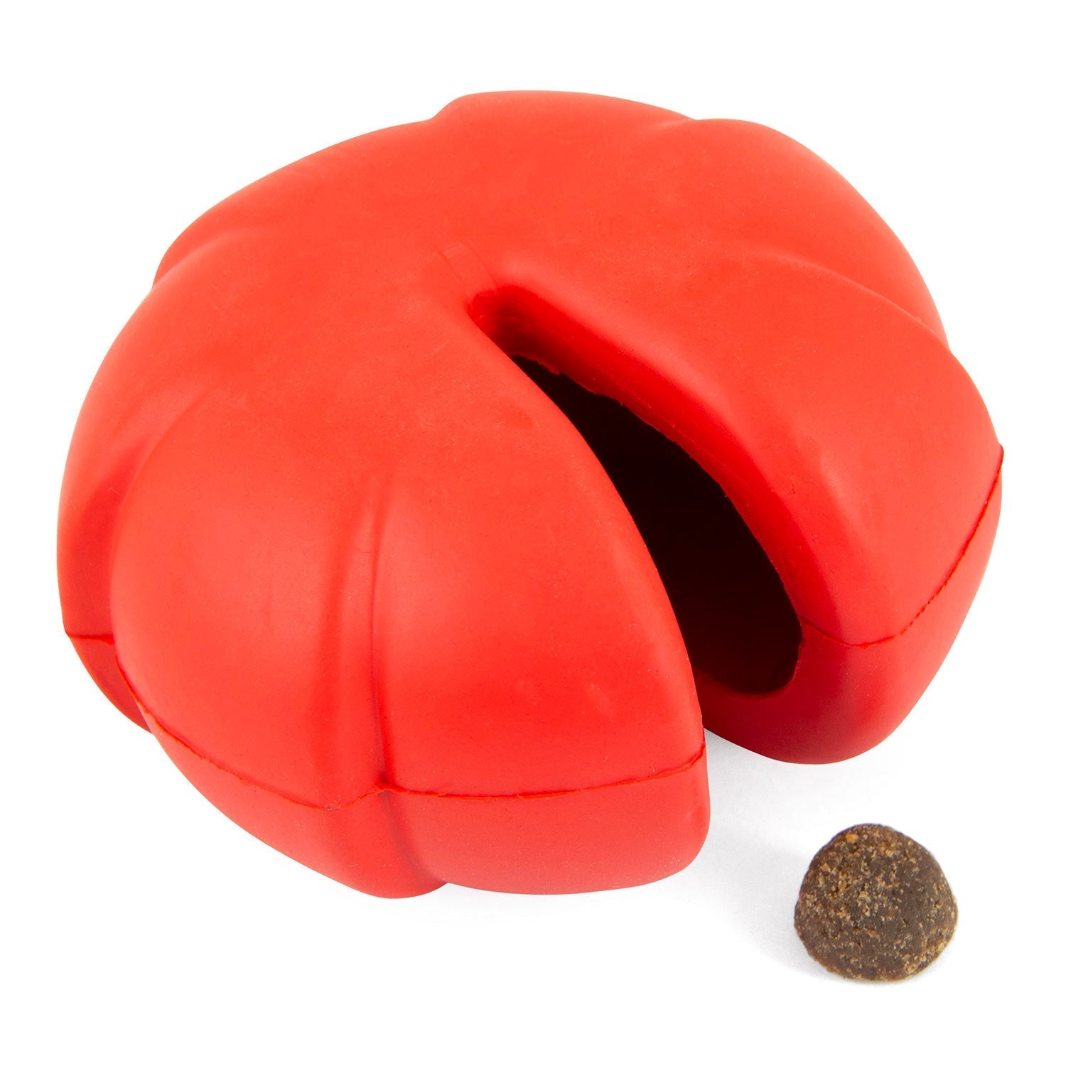 Red natural rubber dental dog chew toy with open treat cavity and kibble