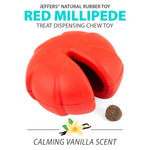 Red treat-dispensing dog chew toy with rounded lobes and oval opening