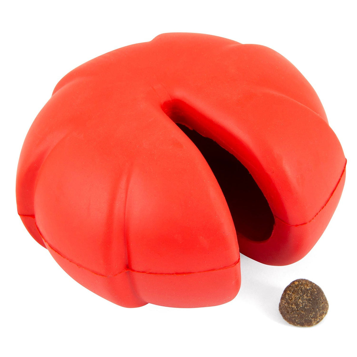 Red natural rubber dental dog chew toy with open cavity and a treat