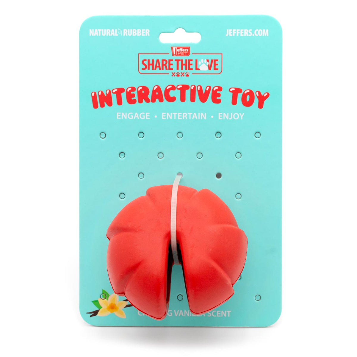 Red natural rubber interactive dog toy package, front view with center seam