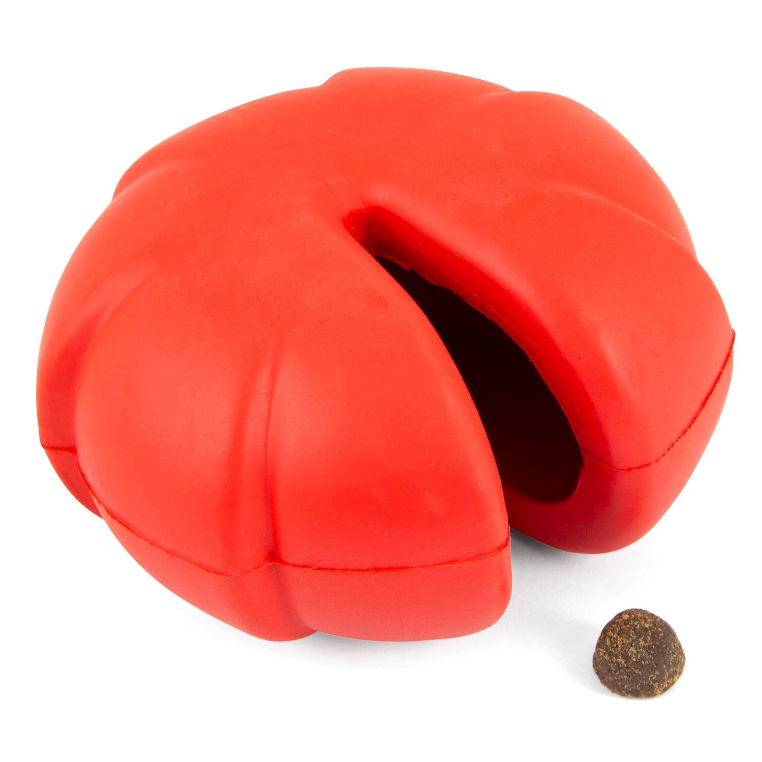 Red natural rubber dental dog chew toy with open treat cavity and kibble