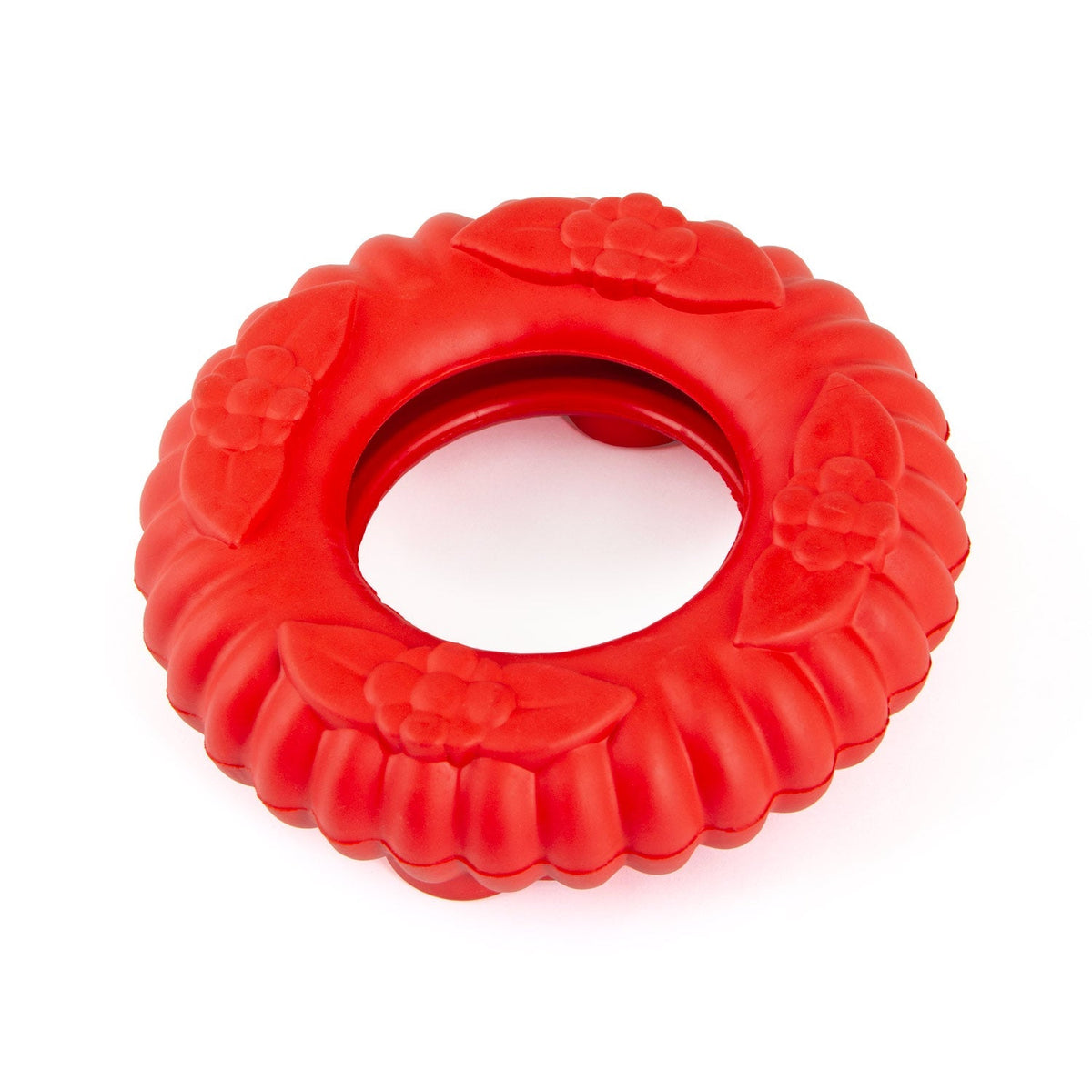 Red natural rubber dog tug chew ring toy, overhead view