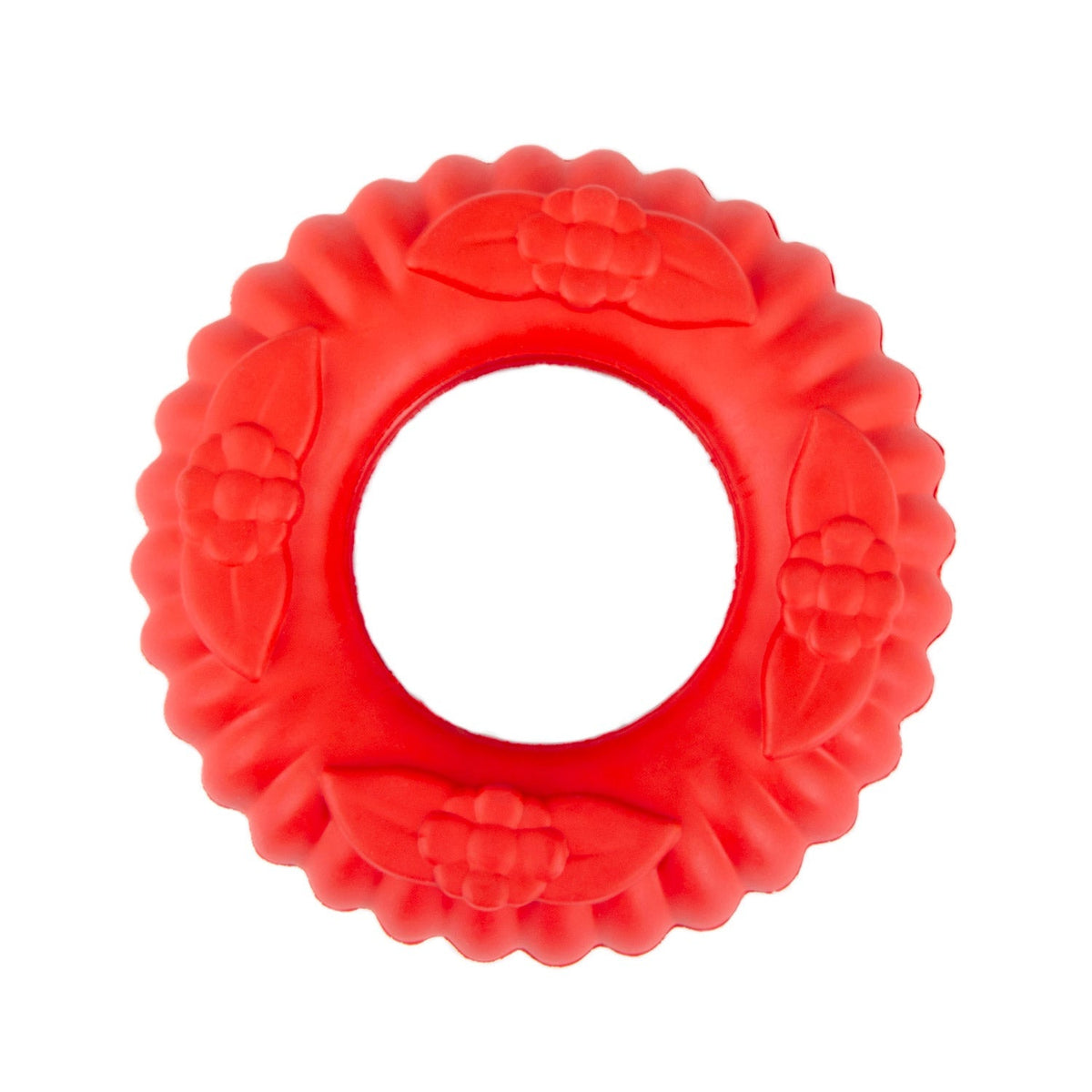 Red natural rubber dog tug chew ring toy with centered inner opening