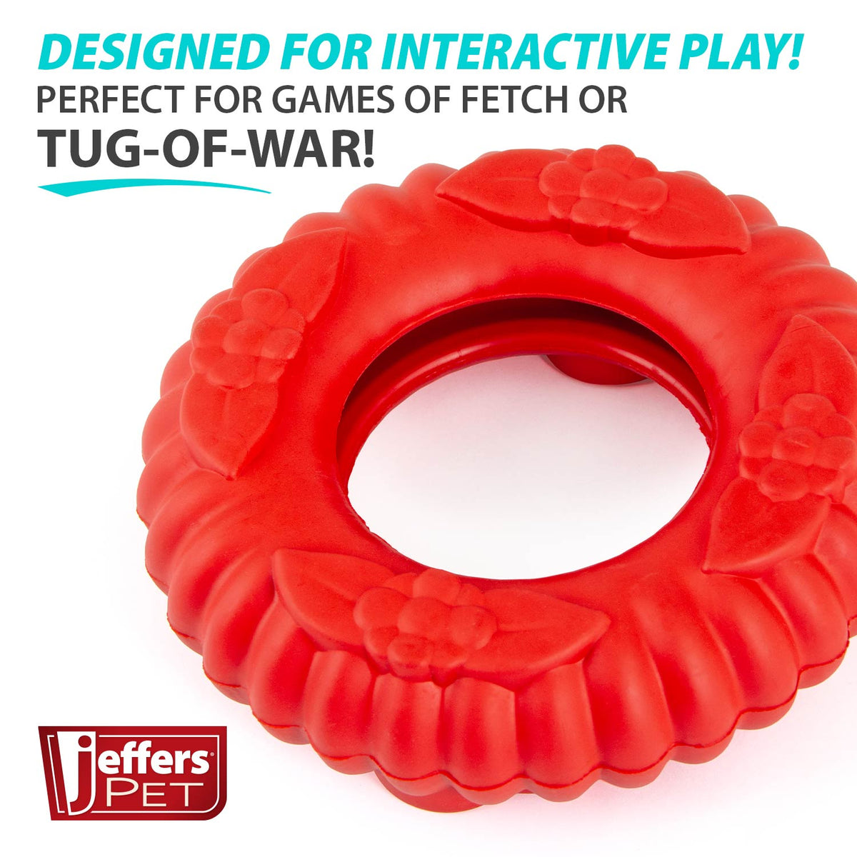 Red natural rubber dog tug chew ring toy in textured wreath shape