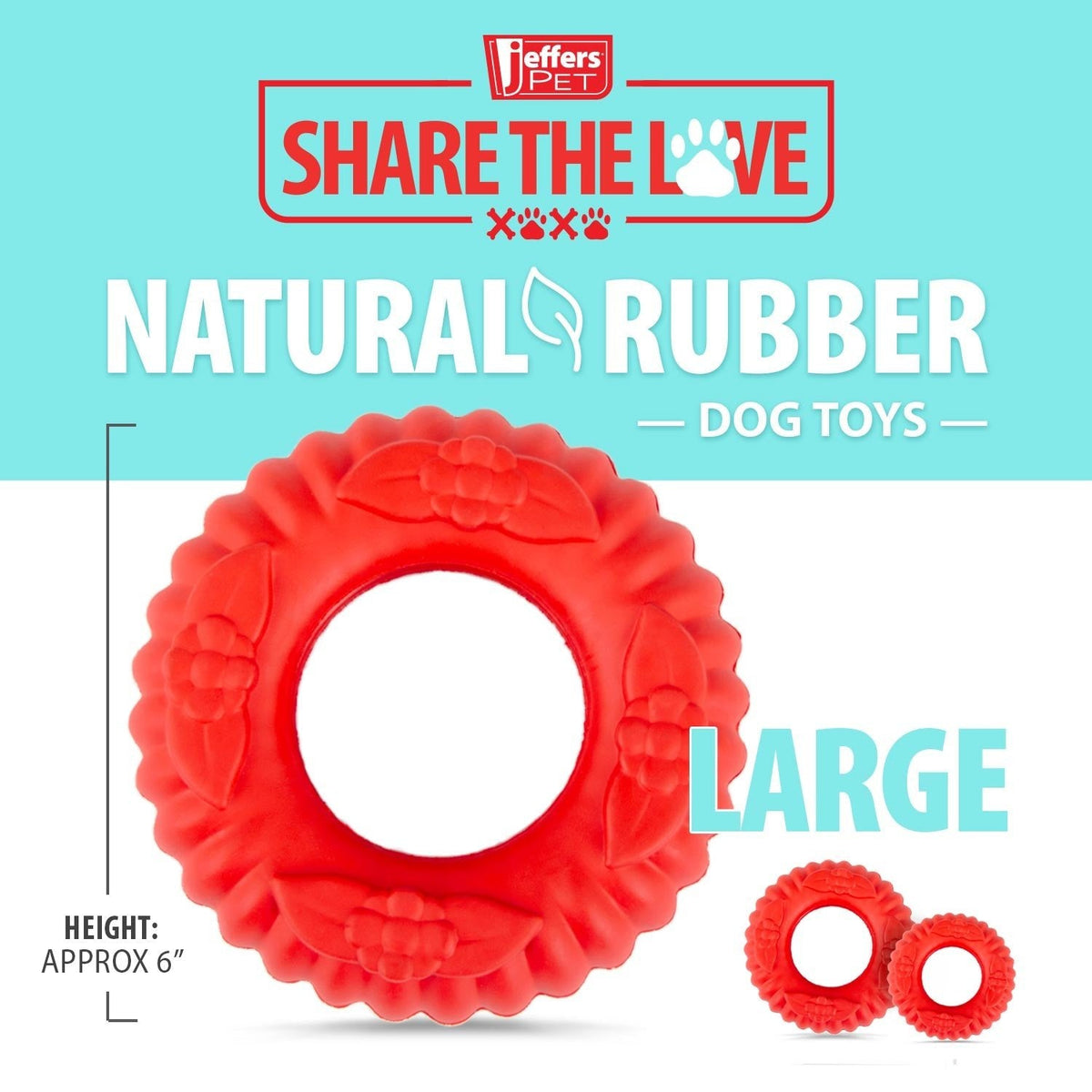 Red natural rubber dog dental chew toy, large textured ring with center opening